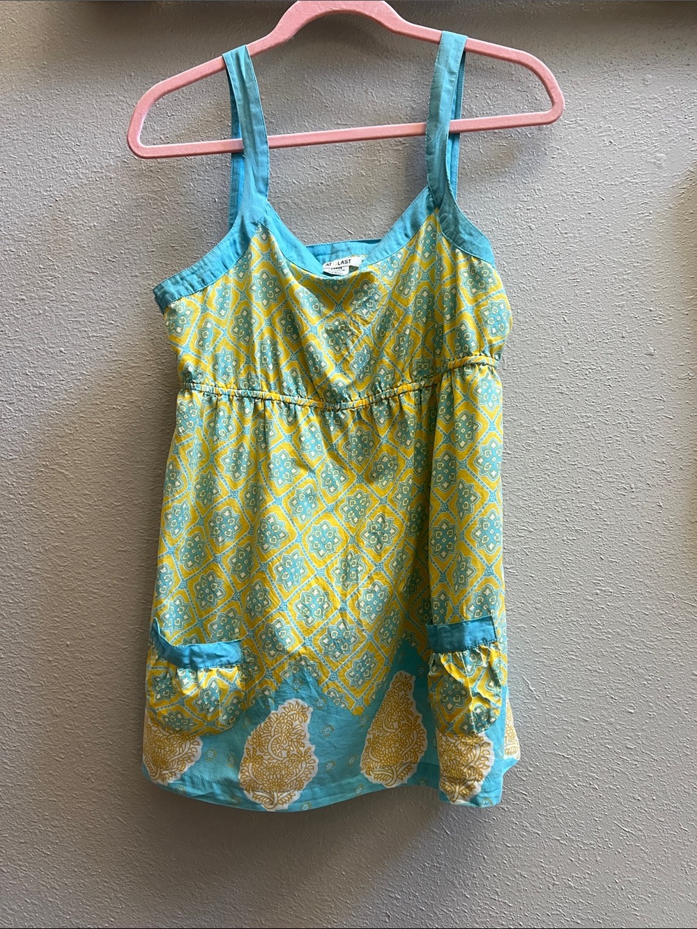 At Last Yellow and Turquoise Patterned Tank with Trim